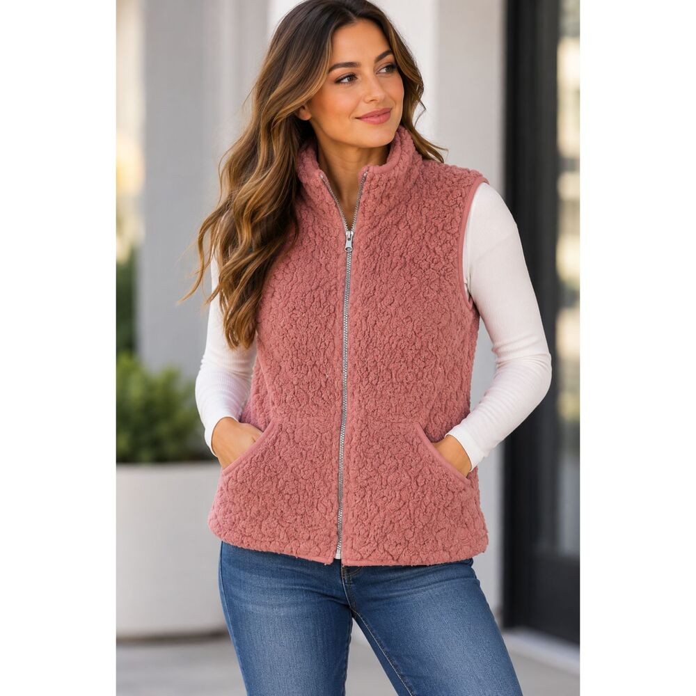 Cuddl Duds Women’s XS Pink Sherpa Fleece Vest Full Zip Cozy Pockets